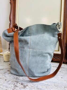 Spain Blue Suede Bucket Shoulder Bag Hobo Boho Coastal Cowgirl